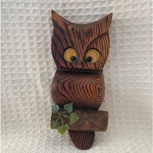 Vintage 1970’s Wooden Carved Owl Hanging Wall Art